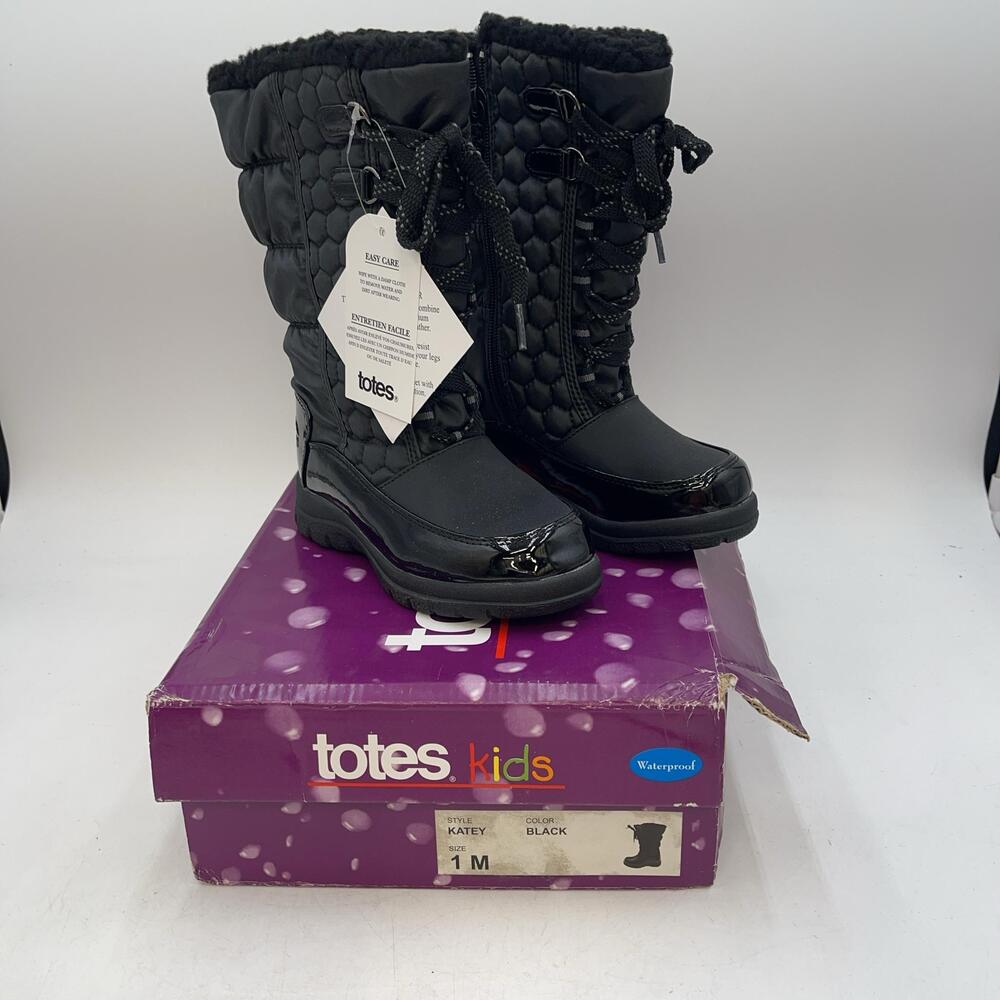 Totes Katey Quilted Snow Boots Kids Size 1 Black Waterproof Lace Up Mid Calf